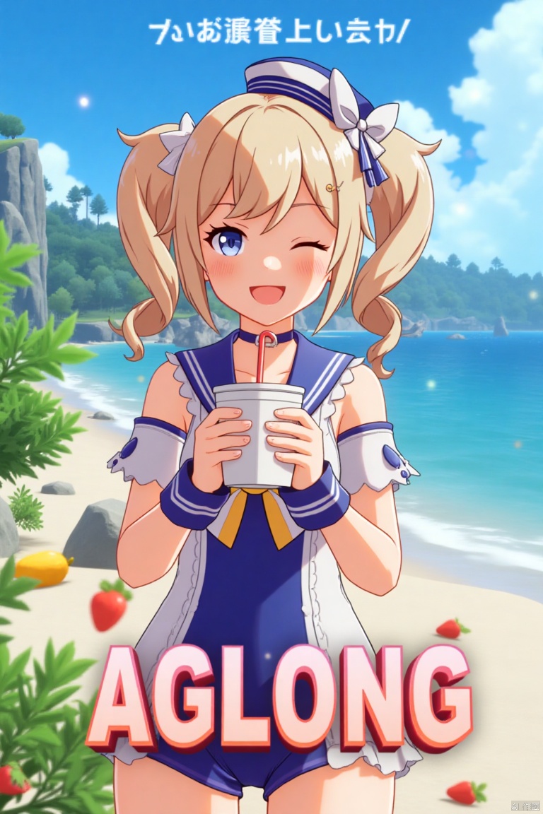 A cinematic movie poster featuring 1girl with a blush, smiling with an open mouth, blue eyes, and blonde hair in twintails, wearing a one-piece swimsuit with a sailor collar, detached sleeves, and a sailor hat with a bow. She is holding a cup with a drinking straw, set outdoors on a beach with a blue sky, ocean, and fruit scattered around. The dynamic composition includes a detailed background with a poster theme, cinematic lighting, high contrast, sharp focus, and a dramatic atmosphere. Three-dimensional text AGlong is placed in the middle below, enhancing the dramatic and cinematic feel of the scene.