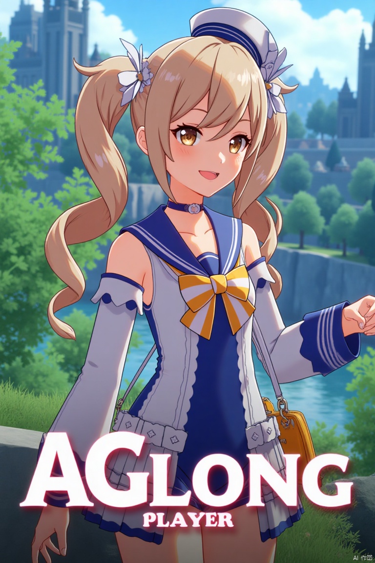 A cinematic movie poster featuring 1girl, solo, with long blonde hair, twintails, and twin drills, looking at the viewer with a smile and open mouth. She wears a blue one-piece swimsuit with a sailor collar, detached sleeves, and a sailor hat with a bow, complemented by a choker and hair ornament. The scene is set outdoors with a detailed background, cinematic lighting, and a dramatic atmosphere. She holds a handbag, with flowers and sidelocks adding charm. The dynamic composition includes high contrast, sharp focus, and three-dimensional text AGlong prominently placed in the middle below, enhancing the cinematic poster theme.