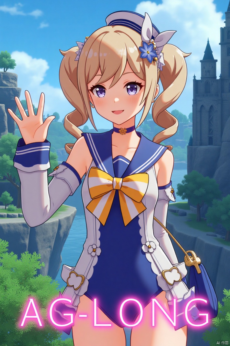 A cinematic movie poster featuring 1girl, solo, with long blonde hair, twintails, and twin drills, looking at the viewer with a smile and open mouth. She wears a blue one-piece swimsuit with a sailor collar, detached sleeves, and a sailor hat with a bow, complemented by a choker and hair ornament. The scene is set outdoors with a detailed background, cinematic lighting, and a dramatic atmosphere. She holds a handbag, with flowers and sidelocks adding charm. The dynamic composition includes high contrast, sharp focus, and three-dimensional text AGlong prominently placed in the middle below, enhancing the cinematic poster theme.