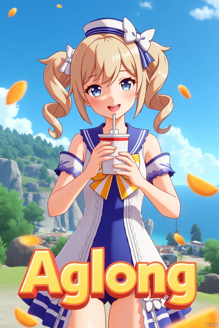 A cinematic movie poster featuring 1girl with a blush, smiling with an open mouth, blue eyes, and blonde hair in twintails, wearing a one-piece swimsuit with a sailor collar, detached sleeves, and a sailor hat with a bow. She is holding a cup with a drinking straw, set outdoors on a beach with a blue sky, ocean, and fruit scattered around. The dynamic composition includes a detailed background with a poster theme, cinematic lighting, high contrast, sharp focus, and a dramatic atmosphere. Three-dimensional text AGlong is placed prominently in the middle below, enhancing the cinematic and dramatic visual impact.