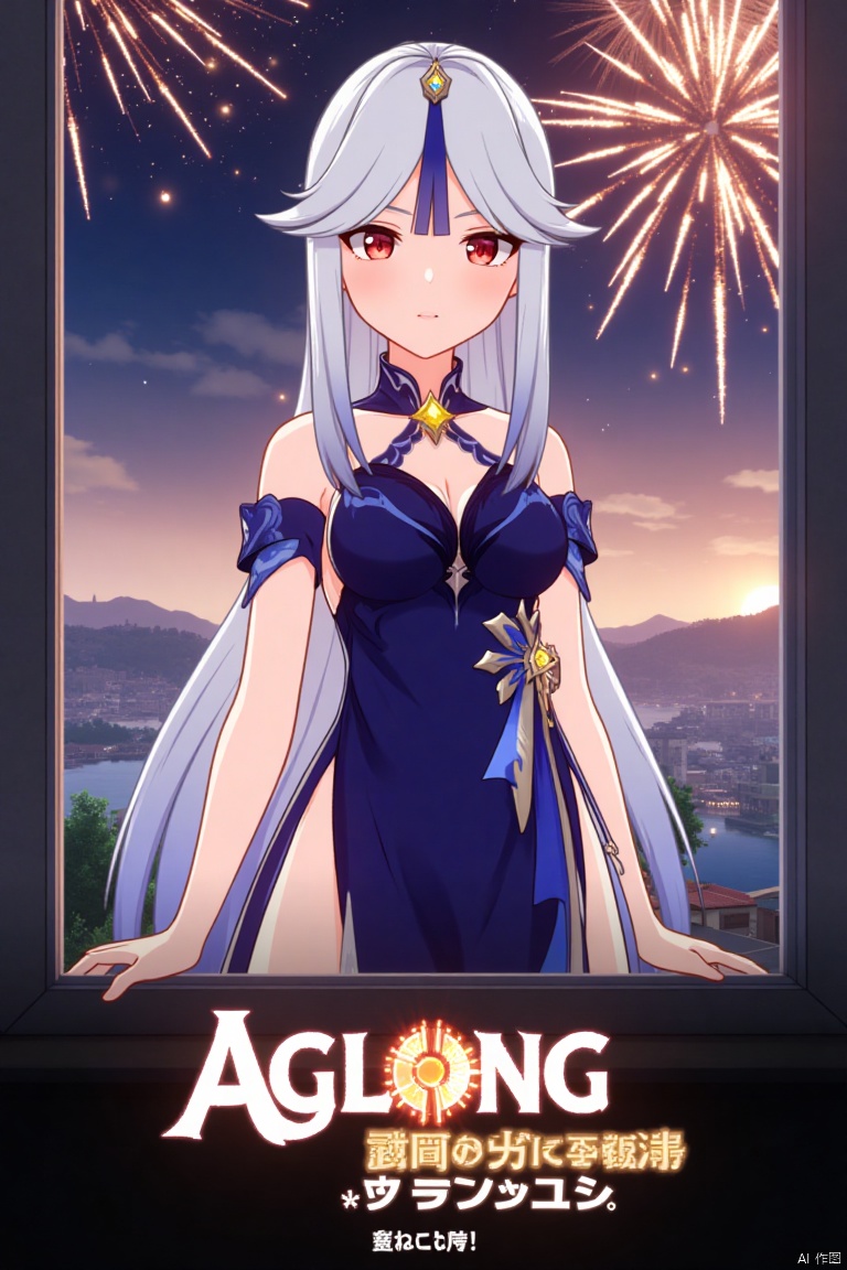 1girl, solo, long white hair, parted bangs, hair ornament, red eyes, blue dress with side slit, looking at viewer, half body, official alternate costume, standing by a window with fireworks in the background, cinematic lighting, dynamic composition, detailed background with poster theme, high contrast, sharp focus, dramatic atmosphere, three-dimensional text AGlong in the middle below, movie poster style, Ningguang (Genshin Impact), ng.