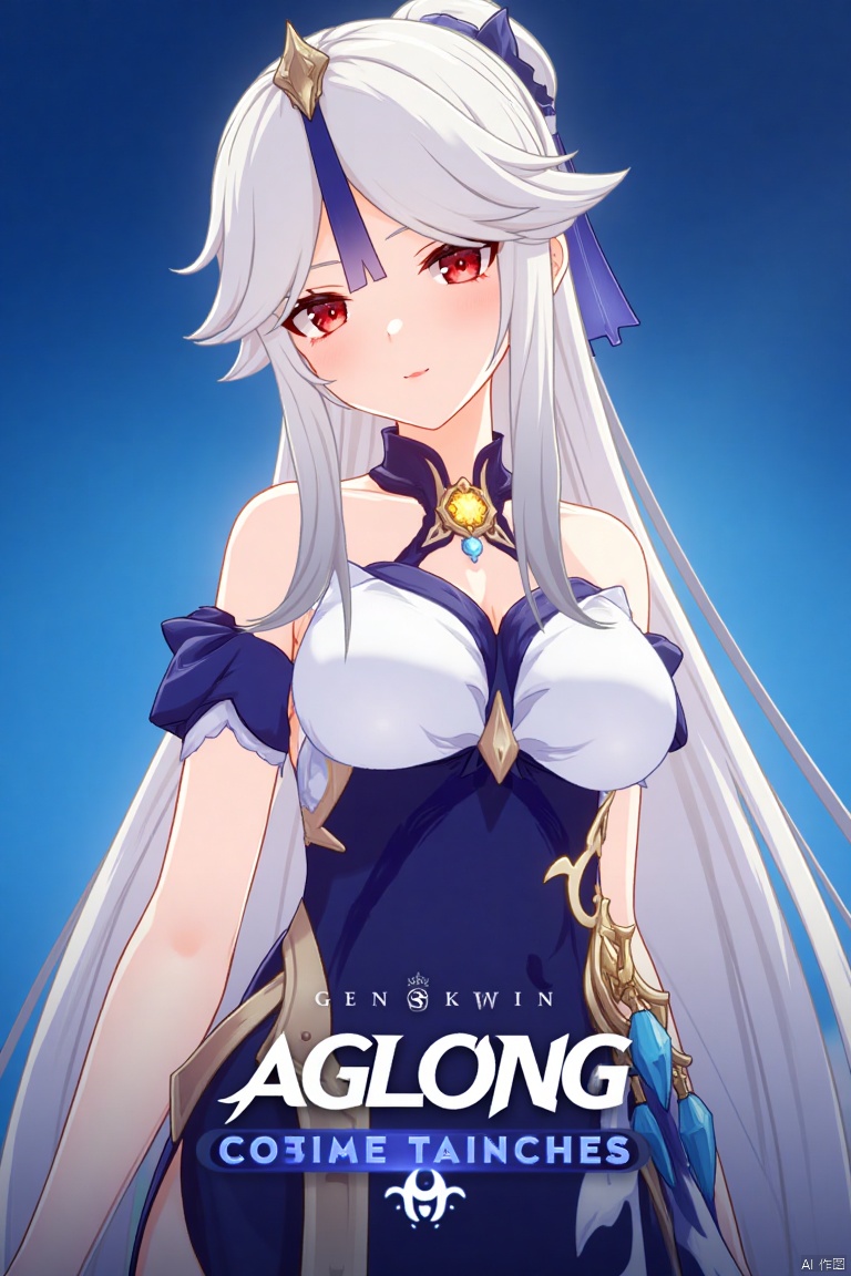 1girl, solo, long white hair, parted bangs, sidelocks, hair stick, tassel hair ornament, red eyes, white collared shirt with detached sleeves and bare shoulders, tucked into a high-waist blue skirt, looking at viewer with parted lips, upper body, official alternate costume, simple blue background, cinematic lighting, dynamic composition, detailed background with poster theme, high contrast, sharp focus, dramatic atmosphere, three-dimensional text AGlong in the middle below, movie poster style, Ningguang (Genshin Impact), ng.