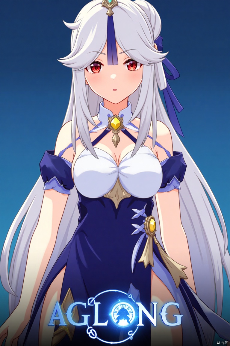 1girl, solo, long white hair, parted bangs, sidelocks, hair stick, tassel hair ornament, red eyes, white collared shirt with detached sleeves and bare shoulders, tucked into a high-waist blue skirt, looking at viewer with parted lips, upper body, official alternate costume, simple blue background, cinematic lighting, dynamic composition, detailed background with poster theme, high contrast, sharp focus, dramatic atmosphere, three-dimensional text AGlong in the middle below, movie poster style, Ningguang (Genshin Impact), ng.