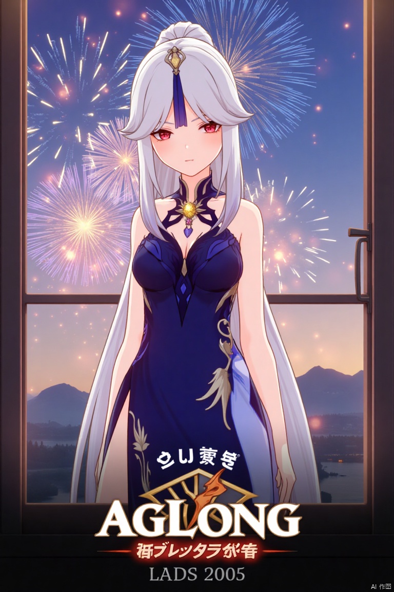 1girl, solo, long white hair, parted bangs, hair ornament, red eyes, blue dress with side slit, looking at viewer, half body, official alternate costume, standing by a window with fireworks in the background, cinematic lighting, dynamic composition, detailed background with poster theme, high contrast, sharp focus, dramatic atmosphere, three-dimensional text AGlong in the middle below, movie poster style, Ningguang (Genshin Impact), ng.