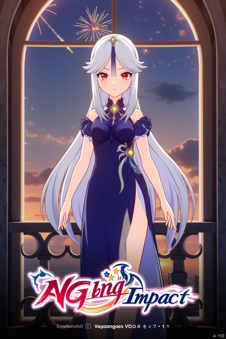 1girl, solo, long white hair, parted bangs, hair ornament, red eyes, blue dress with side slit, looking at viewer, half body, official alternate costume, standing by a window with fireworks in the background, cinematic lighting, dynamic composition, detailed background with poster theme, high contrast, sharp focus, dramatic atmosphere, three-dimensional text AGlong in the middle below, movie poster style, Ningguang (Genshin Impact), ng.
