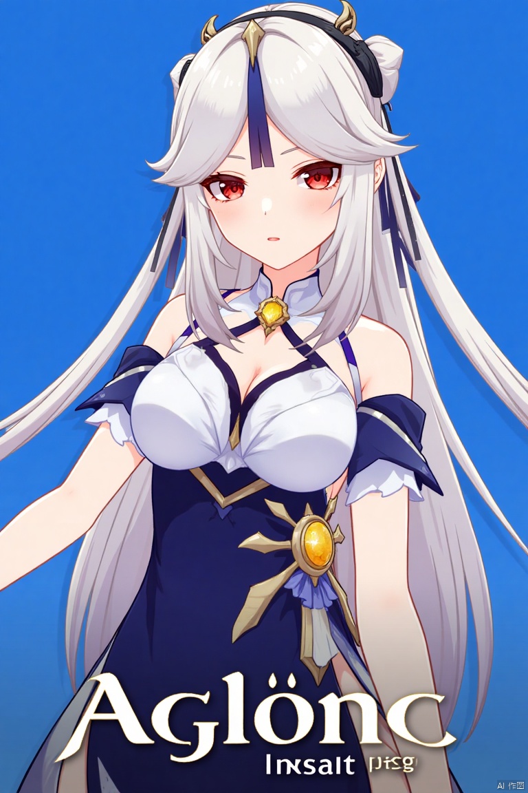 1girl, solo, long white hair, parted bangs, sidelocks, hair stick, tassel hair ornament, red eyes, white collared shirt with detached sleeves and bare shoulders, tucked into a high-waist blue skirt, looking at viewer with parted lips, upper body, official alternate costume, simple blue background, cinematic lighting, dynamic composition, detailed background with poster theme, high contrast, sharp focus, dramatic atmosphere, three-dimensional text AGlong in the middle below, movie poster style, Ningguang (Genshin Impact), ng.