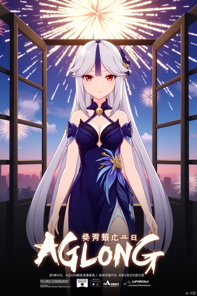 1girl, solo, long hair, breasts, looking at viewer, bangs, hair ornament, red eyes, dress, very long hair, white hair, half body, official alternate costume, parted bangs, window, blue dress, side slit, fireworks, ningguang (genshin impact), ng, movie poster, three-dimensional text AGlong in the middle below, cinematic lighting, dynamic composition, detailed background with poster theme, high contrast, sharp focus, dramatic atmosphere.