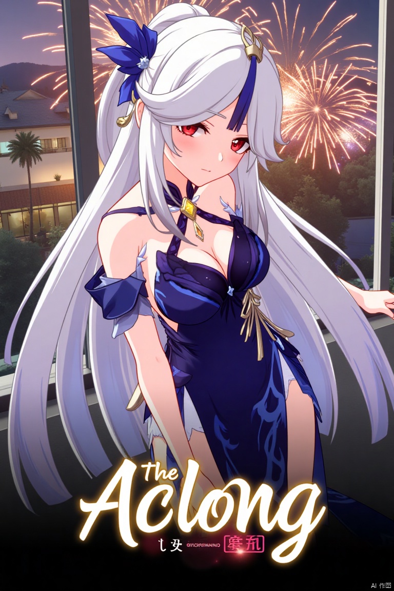 1girl, solo, long hair, breasts, looking at viewer, bangs, hair ornament, red eyes, dress, very long hair, white hair, half body, official alternate costume, parted bangs, window, blue dress, side slit, fireworks, ningguang (genshin impact), ng, movie poster, three-dimensional text AGlong in the middle below, cinematic lighting, dynamic composition, detailed background with poster theme, high contrast, sharp focus, dramatic atmosphere.