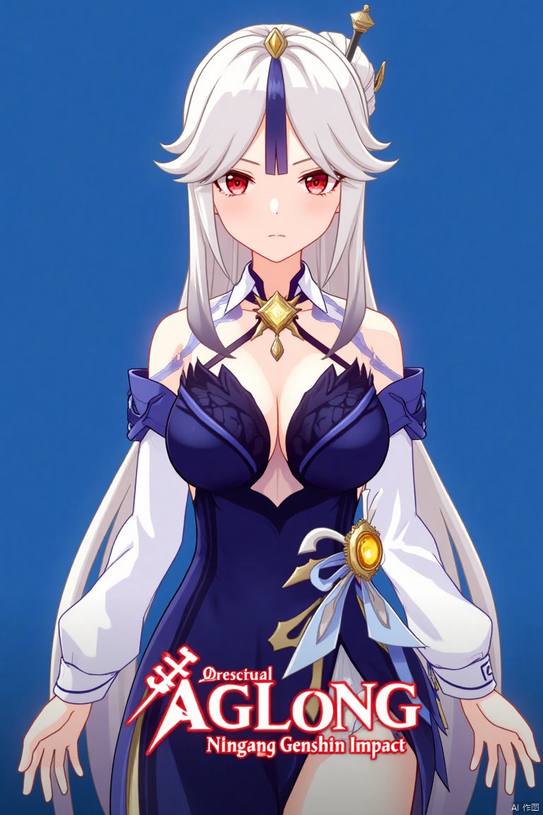 1girl, solo, long hair, breasts, looking at viewer, bangs, skirt, large breasts, simple background, shirt, hair ornament, red eyes, long sleeves, cleavage, bare shoulders, very long hair, white shirt, upper body, white hair, sidelocks, parted lips, detached sleeves, collared shirt, official alternate costume, blue skirt, parted bangs, blue background, tassel, high-waist skirt, shirt tucked in, hair stick, tassel hair ornament, ningguang (genshin impact), ng, movie poster, three-dimensional text AGlong in the middle below, cinematic lighting, dynamic composition, detailed background with poster theme, high contrast, sharp focus, dramatic atmosphere.