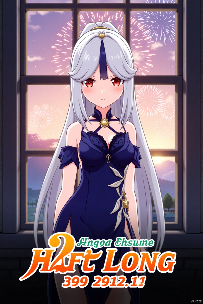 1girl, solo, long hair, breasts, looking at viewer, bangs, hair ornament, red eyes, dress, very long hair, white hair, half body, official alternate costume, parted bangs, window, blue dress, side slit, fireworks, ningguang (genshin impact), ng, movie poster, three-dimensional text AGlong in the middle below, cinematic lighting, dynamic composition, detailed background with poster theme, high contrast, sharp focus, dramatic atmosphere.
