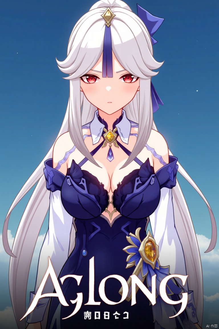 1girl, solo, long hair, breasts, looking at viewer, bangs, skirt, large breasts, simple background, shirt, hair ornament, red eyes, long sleeves, cleavage, bare shoulders, very long hair, white shirt, upper body, white hair, sidelocks, parted lips, detached sleeves, collared shirt, official alternate costume, blue skirt, parted bangs, blue background, tassel, high-waist skirt, shirt tucked in, hair stick, tassel hair ornament, ningguang (genshin impact), ng, movie poster, three-dimensional text AGlong in the middle below, cinematic lighting, dynamic composition, detailed background with poster theme, high contrast, sharp focus, dramatic atmosphere.
