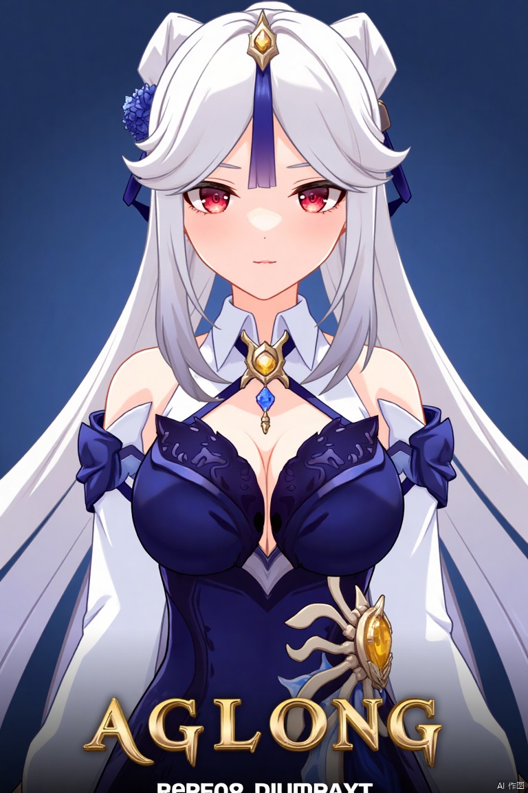 1girl, solo, long hair, breasts, looking at viewer, bangs, skirt, large breasts, simple background, shirt, hair ornament, red eyes, long sleeves, cleavage, bare shoulders, very long hair, white shirt, upper body, white hair, sidelocks, parted lips, detached sleeves, collared shirt, official alternate costume, blue skirt, parted bangs, blue background, tassel, high-waist skirt, shirt tucked in, hair stick, tassel hair ornament, ningguang (genshin impact), ng, movie poster, three-dimensional text AGlong in the middle below, cinematic lighting, dynamic composition, detailed background with poster theme, high contrast, sharp focus, dramatic atmosphere.