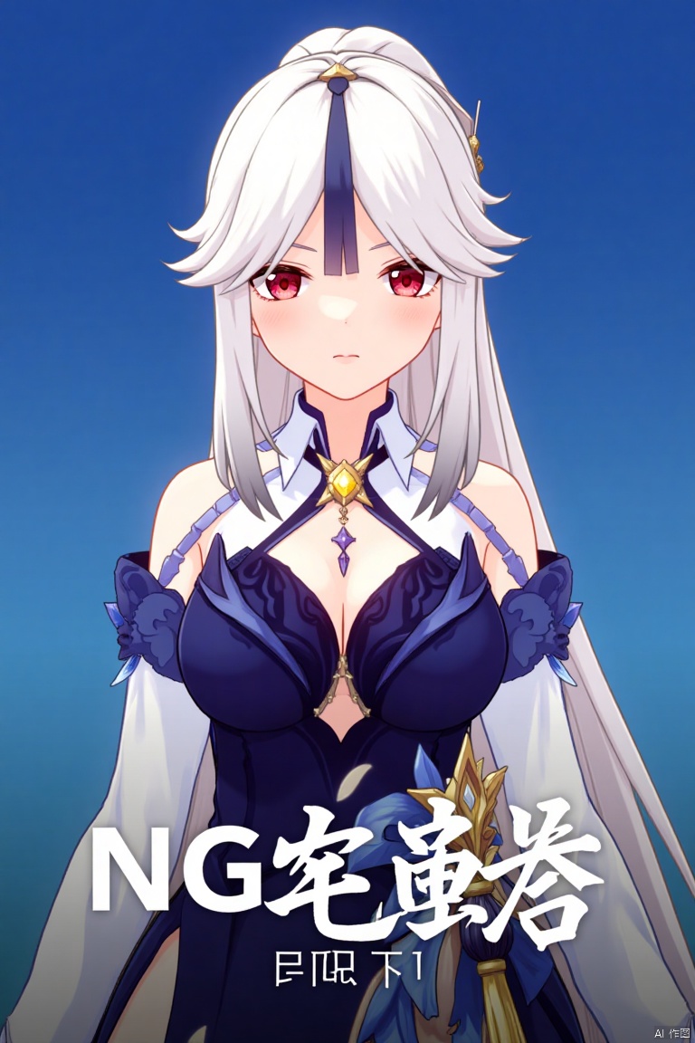 1girl, solo, long hair, breasts, looking at viewer, bangs, skirt, large breasts, simple background, shirt, hair ornament, red eyes, long sleeves, cleavage, bare shoulders, very long hair, white shirt, upper body, white hair, sidelocks, parted lips, detached sleeves, collared shirt, official alternate costume, blue skirt, parted bangs, blue background, tassel, high-waist skirt, shirt tucked in, hair stick, tassel hair ornament, ningguang (genshin impact), ng, movie poster, three-dimensional text AGlong in the middle below, cinematic lighting, dynamic composition, detailed background with poster theme, high contrast, sharp focus, dramatic atmosphere.