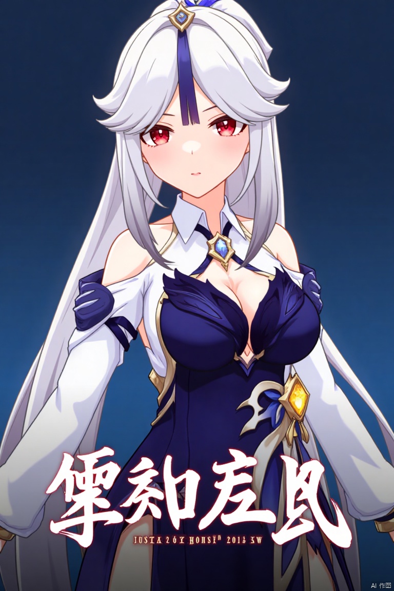 1girl, solo, long hair, breasts, looking at viewer, bangs, skirt, large breasts, simple background, shirt, hair ornament, red eyes, long sleeves, cleavage, bare shoulders, very long hair, white shirt, upper body, white hair, sidelocks, parted lips, detached sleeves, collared shirt, official alternate costume, blue skirt, parted bangs, blue background, tassel, high-waist skirt, shirt tucked in, hair stick, tassel hair ornament, ningguang (genshin impact), ng, movie poster, three-dimensional text AGlong in the middle below, cinematic lighting, dynamic composition, detailed background with poster theme, high contrast, sharp focus, dramatic atmosphere.