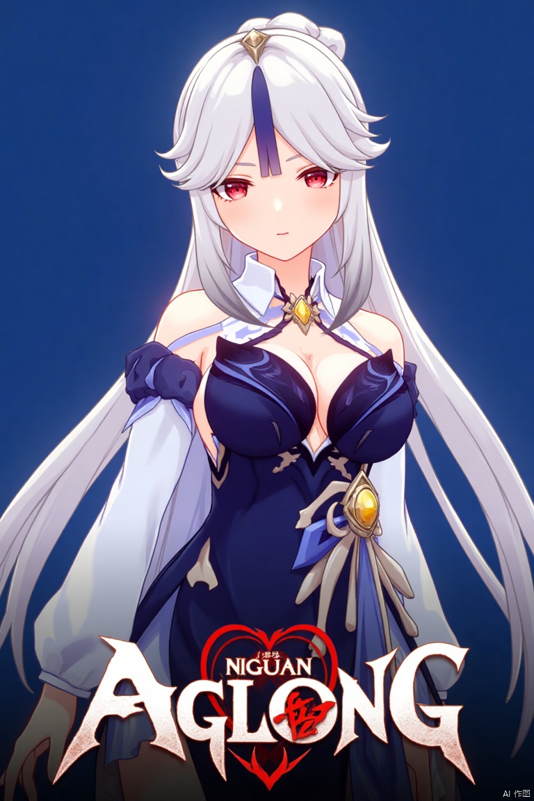 1girl, solo, long hair, breasts, looking at viewer, bangs, skirt, large breasts, simple background, shirt, hair ornament, red eyes, long sleeves, cleavage, bare shoulders, very long hair, white shirt, upper body, white hair, sidelocks, parted lips, detached sleeves, collared shirt, official alternate costume, blue skirt, parted bangs, blue background, tassel, high-waist skirt, shirt tucked in, hair stick, tassel hair ornament, ningguang (genshin impact), ng, movie poster, three-dimensional text AGlong in the middle below, cinematic lighting, dynamic composition, detailed background with poster theme, high contrast, sharp focus, dramatic atmosphere.