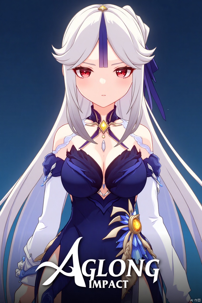 1girl, solo, long hair, breasts, looking at viewer, bangs, skirt, large breasts, simple background, shirt, hair ornament, red eyes, long sleeves, cleavage, bare shoulders, very long hair, white shirt, upper body, white hair, sidelocks, parted lips, detached sleeves, collared shirt, official alternate costume, blue skirt, parted bangs, blue background, tassel, high-waist skirt, shirt tucked in, hair stick, tassel hair ornament, ningguang (genshin impact), ng, movie poster, three-dimensional text AGlong in the middle below, cinematic lighting, dynamic composition, detailed background with poster theme, high contrast, sharp focus, dramatic atmosphere.