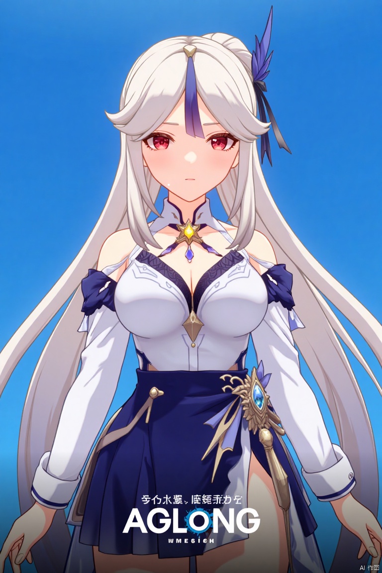 1girl, solo, long hair, breasts, looking at viewer, bangs, skirt, large breasts, simple background, shirt, hair ornament, red eyes, long sleeves, cleavage, bare shoulders, very long hair, white shirt, upper body, white hair, sidelocks, parted lips, detached sleeves, collared shirt, official alternate costume, blue skirt, parted bangs, blue background, tassel, high-waist skirt, shirt tucked in, hair stick, tassel hair ornament, ningguang (genshin impact), ng, movie poster, three-dimensional text AGlong in the middle below, cinematic lighting, dynamic composition, detailed background with poster theme, high contrast, sharp focus, dramatic atmosphere.