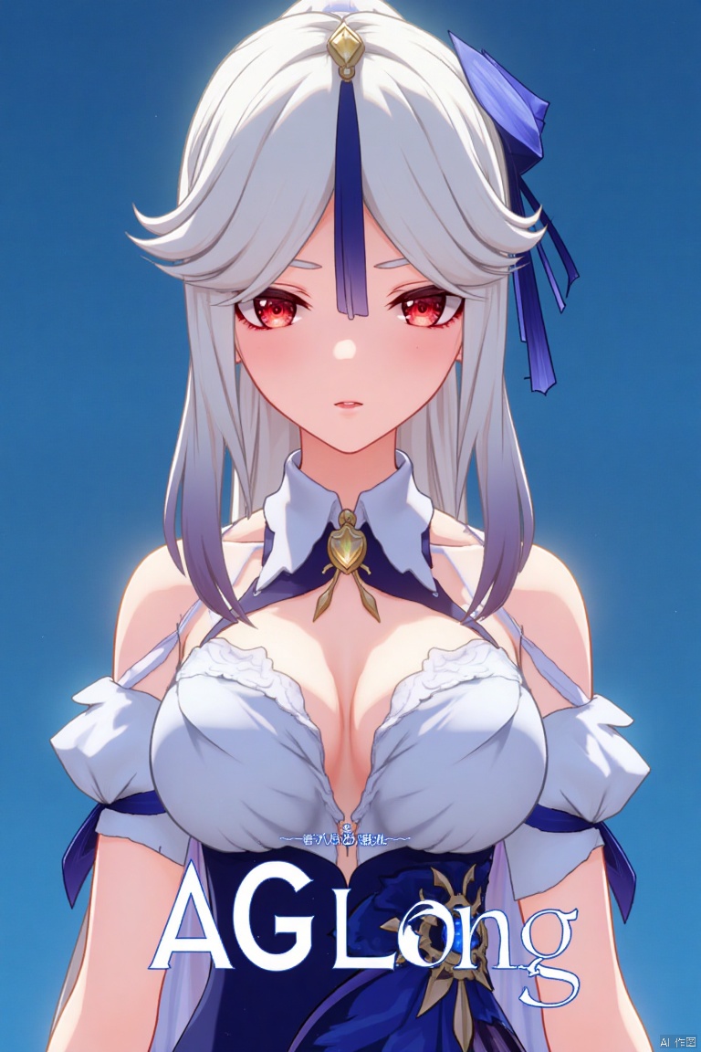 1girl, solo, long white hair, parted bangs, sidelocks, red eyes, hair stick with tassel hair ornament, wearing a white collared shirt with detached sleeves, bare shoulders, cleavage, shirt tucked into a high-waist blue skirt, large breasts, looking at viewer with parted lips, official alternate costume, upper body, simple blue background, cinematic lighting, dynamic composition, detailed background with poster theme, high contrast, sharp focus, dramatic atmosphere, three-dimensional text AGlong in the middle below, movie poster style, ningguang (genshin impact), ng.
