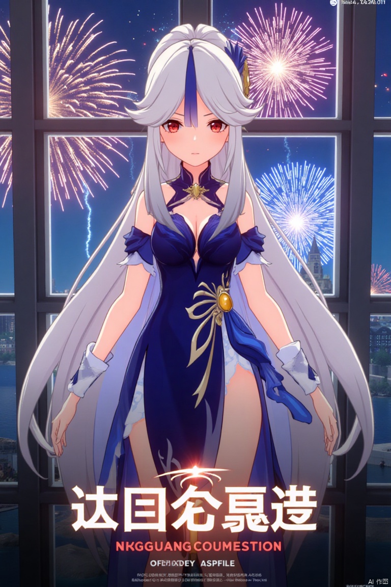 1girl, solo, long white hair, parted bangs, red eyes, hair ornament, wearing a blue dress with a side slit, very long hair, breasts, looking at viewer, official alternate costume, half body, standing by a window with fireworks in the background, cinematic lighting, dynamic composition, detailed background with poster theme, high contrast, sharp focus, dramatic atmosphere, three-dimensional text AGlong in the middle below, movie poster style, ningguang (genshin impact), ng.