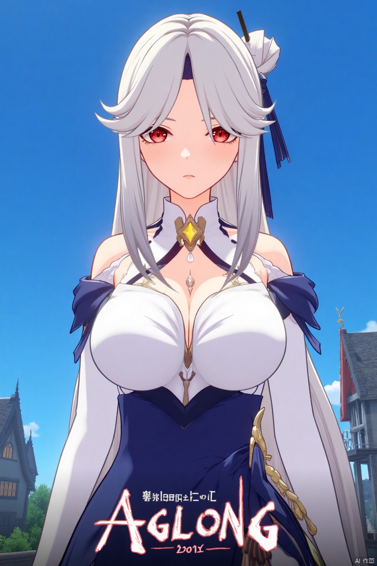 1girl, solo, long white hair, parted bangs, sidelocks, red eyes, hair stick with tassel hair ornament, wearing a white collared shirt with detached sleeves, bare shoulders, cleavage, shirt tucked into a high-waist blue skirt, large breasts, looking at viewer with parted lips, official alternate costume, upper body, simple blue background, cinematic lighting, dynamic composition, detailed background with poster theme, high contrast, sharp focus, dramatic atmosphere, three-dimensional text AGlong in the middle below, movie poster style, ningguang (genshin impact), ng.
