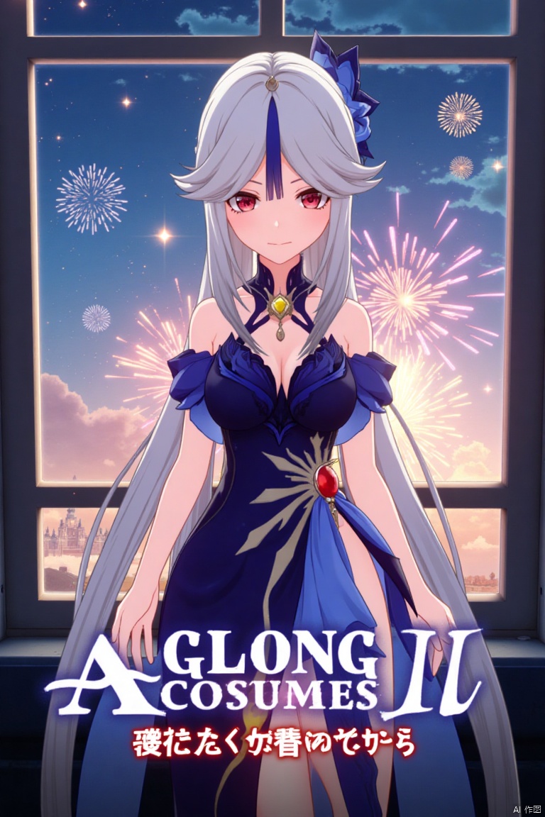 1girl, solo, long white hair, parted bangs, red eyes, hair ornament, wearing a blue dress with a side slit, very long hair, breasts, looking at viewer, official alternate costume, half body, standing by a window with fireworks in the background, cinematic lighting, dynamic composition, detailed background with poster theme, high contrast, sharp focus, dramatic atmosphere, three-dimensional text AGlong in the middle below, movie poster style, ningguang (genshin impact), ng.