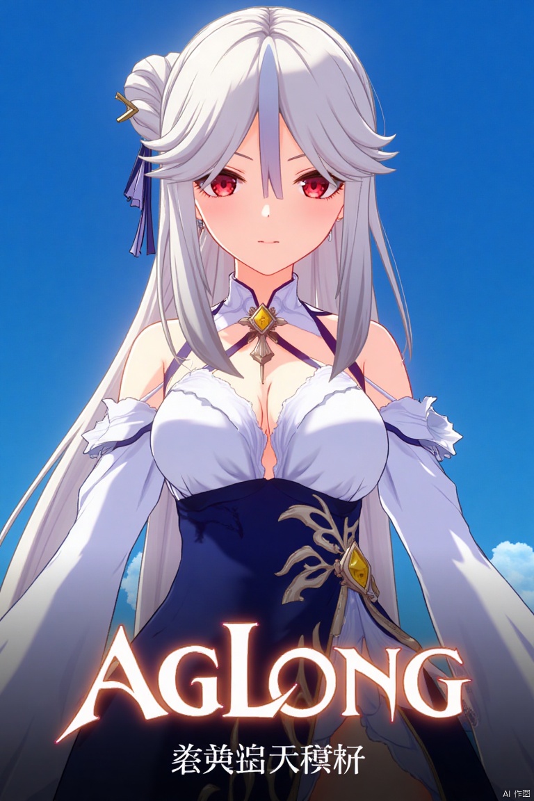 1girl, solo, long white hair, parted bangs, sidelocks, red eyes, hair stick with tassel hair ornament, wearing a white collared shirt with detached sleeves, bare shoulders, cleavage, shirt tucked into a high-waist blue skirt, large breasts, looking at viewer with parted lips, official alternate costume, upper body, simple blue background, cinematic lighting, dynamic composition, detailed background with poster theme, high contrast, sharp focus, dramatic atmosphere, three-dimensional text AGlong in the middle below, movie poster style, ningguang (genshin impact), ng.