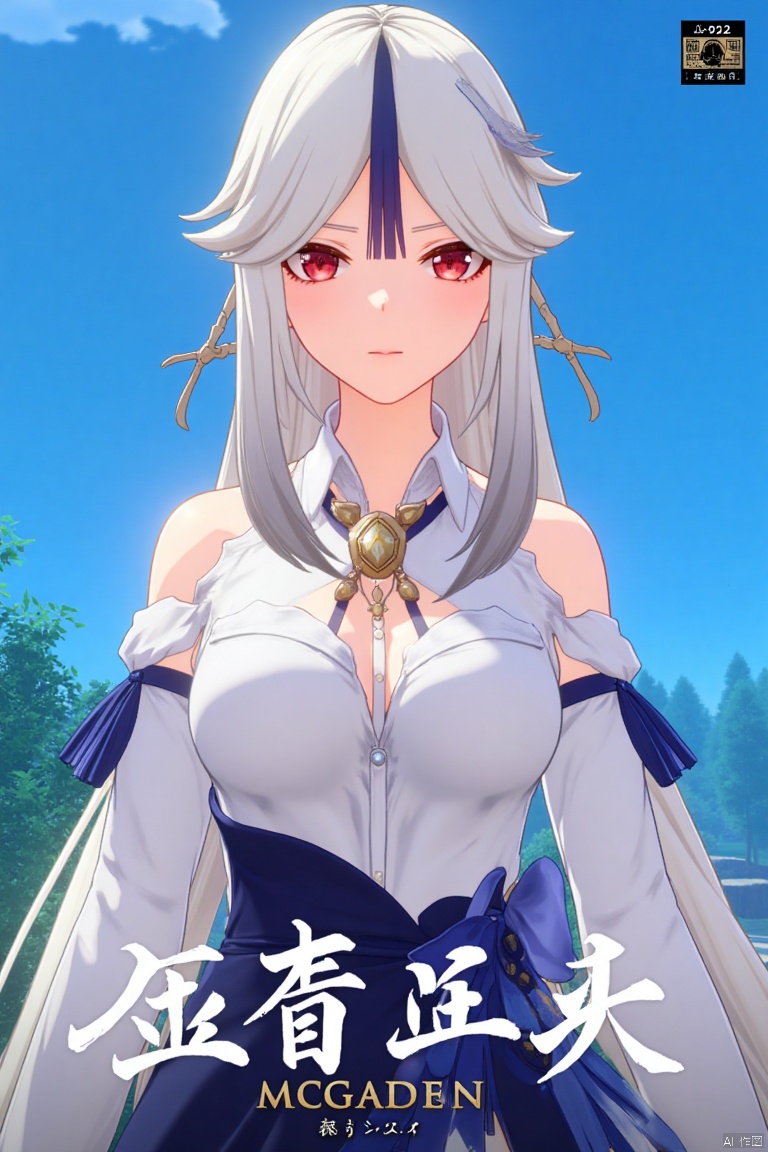 1girl, solo, long white hair, parted bangs, sidelocks, red eyes, hair stick with tassel hair ornament, wearing a white collared shirt with detached sleeves, bare shoulders, cleavage, shirt tucked into a high-waist blue skirt, large breasts, looking at viewer with parted lips, official alternate costume, upper body, simple blue background, cinematic lighting, dynamic composition, detailed background with poster theme, high contrast, sharp focus, dramatic atmosphere, three-dimensional text AGlong in the middle below, movie poster style, ningguang (genshin impact), ng.