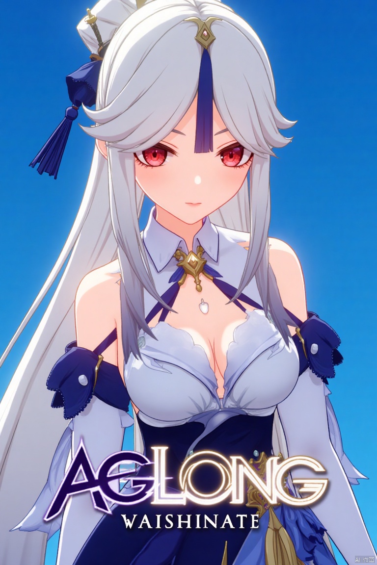 1girl, solo, long white hair, parted bangs, sidelocks, red eyes, hair stick with tassel hair ornament, wearing a white collared shirt with detached sleeves, bare shoulders, cleavage, shirt tucked into a high-waist blue skirt, large breasts, looking at viewer with parted lips, official alternate costume, upper body, simple blue background, cinematic lighting, dynamic composition, detailed background with poster theme, high contrast, sharp focus, dramatic atmosphere, three-dimensional text AGlong in the middle below, movie poster style, ningguang (genshin impact), ng.