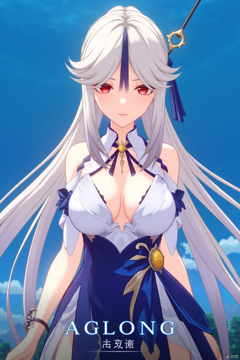 1girl, solo, long white hair, parted bangs, sidelocks, red eyes, hair stick with tassel hair ornament, wearing a white collared shirt with detached sleeves, bare shoulders, cleavage, shirt tucked into a high-waist blue skirt, large breasts, looking at viewer with parted lips, official alternate costume, upper body, simple blue background, cinematic lighting, dynamic composition, detailed background with poster theme, high contrast, sharp focus, dramatic atmosphere, three-dimensional text AGlong in the middle below, movie poster style, ningguang (genshin impact), ng.