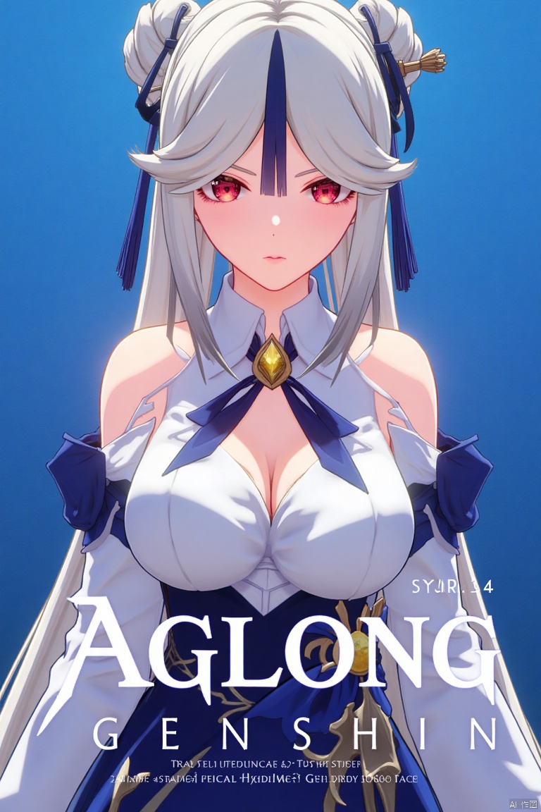 1girl, solo, long white hair, parted bangs, sidelocks, red eyes, hair stick with tassel hair ornament, wearing a white collared shirt with detached sleeves, bare shoulders, cleavage, shirt tucked into a high-waist blue skirt, large breasts, looking at viewer with parted lips, official alternate costume, upper body, simple blue background, cinematic lighting, dynamic composition, detailed background with poster theme, high contrast, sharp focus, dramatic atmosphere, three-dimensional text AGlong in the middle below, movie poster style, ningguang (genshin impact), ng.