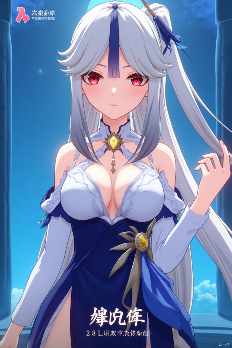 1girl, solo, long white hair, parted bangs, sidelocks, red eyes, hair stick with tassel hair ornament, wearing a white collared shirt with detached sleeves, bare shoulders, cleavage, shirt tucked into a high-waist blue skirt, large breasts, looking at viewer with parted lips, official alternate costume, upper body, simple blue background, cinematic lighting, dynamic composition, detailed background with poster theme, high contrast, sharp focus, dramatic atmosphere, three-dimensional text AGlong in the middle below, movie poster style, ningguang (genshin impact), ng.
