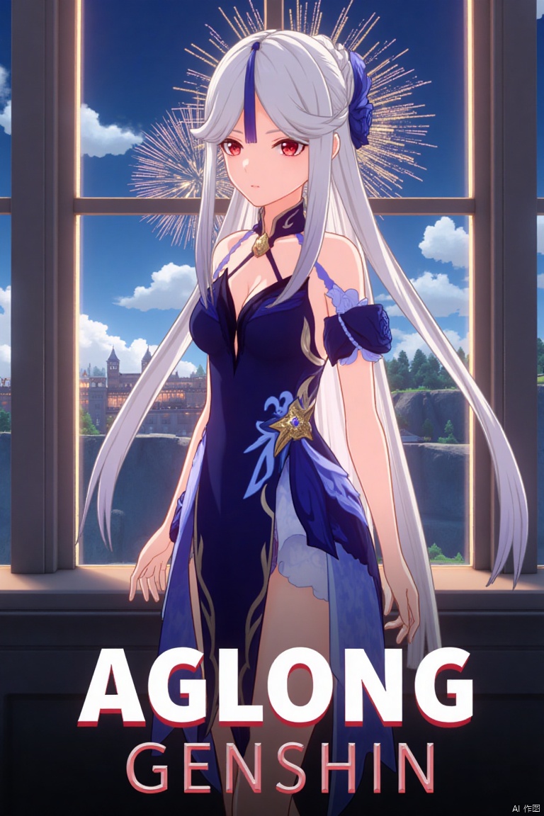 1girl, solo, long white hair, parted bangs, red eyes, hair ornament, wearing a blue dress with a side slit, very long hair, breasts, looking at viewer, official alternate costume, half body, standing by a window with fireworks in the background, cinematic lighting, dynamic composition, detailed background with poster theme, high contrast, sharp focus, dramatic atmosphere, three-dimensional text AGlong in the middle below, movie poster style, ningguang (genshin impact), ng.