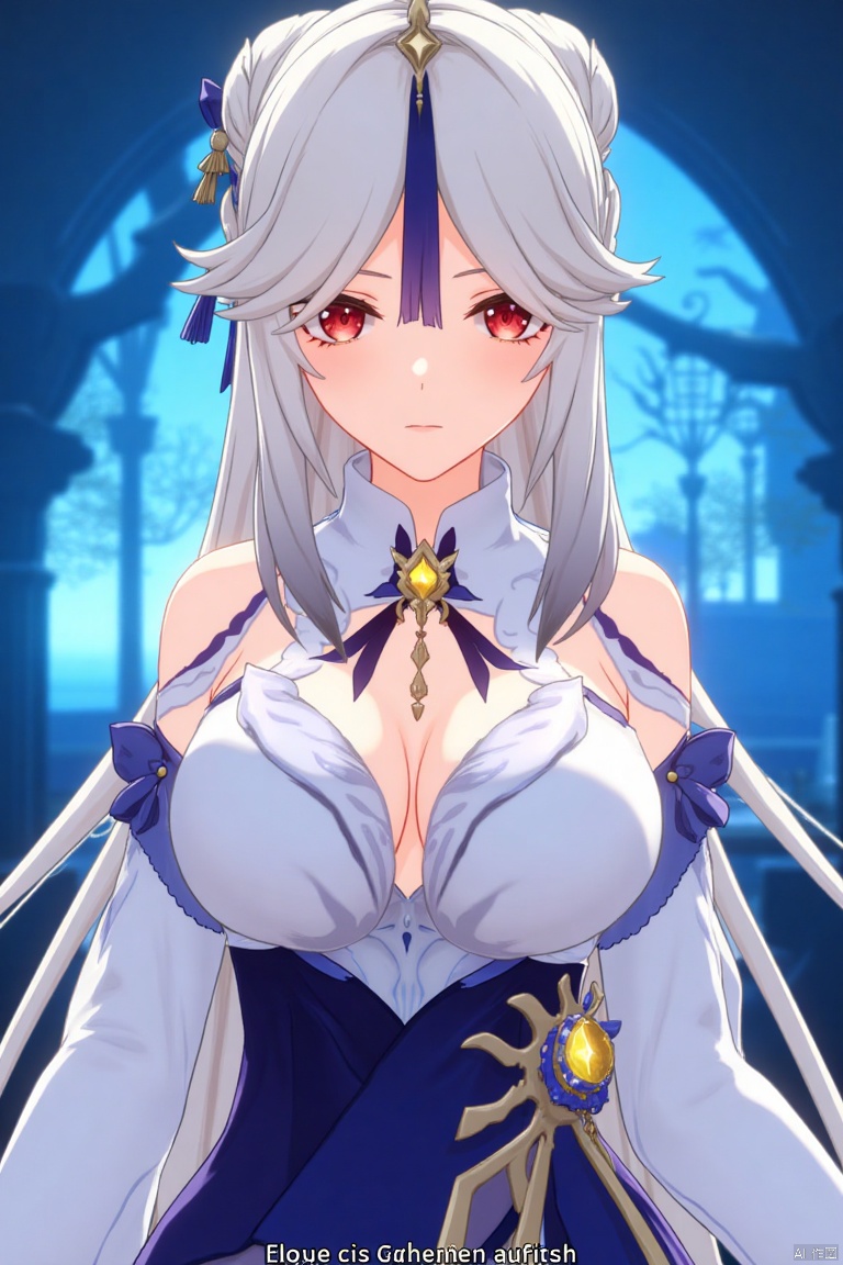 1girl, solo, long white hair, parted bangs, sidelocks, red eyes, hair stick with tassel hair ornament, wearing a white collared shirt with detached sleeves, bare shoulders, cleavage, shirt tucked into a high-waist blue skirt, large breasts, looking at viewer with parted lips, official alternate costume, upper body, simple blue background, cinematic lighting, dynamic composition, detailed background with poster theme, high contrast, sharp focus, dramatic atmosphere, three-dimensional text AGlong in the middle below, movie poster style, ningguang (genshin impact), ng.
