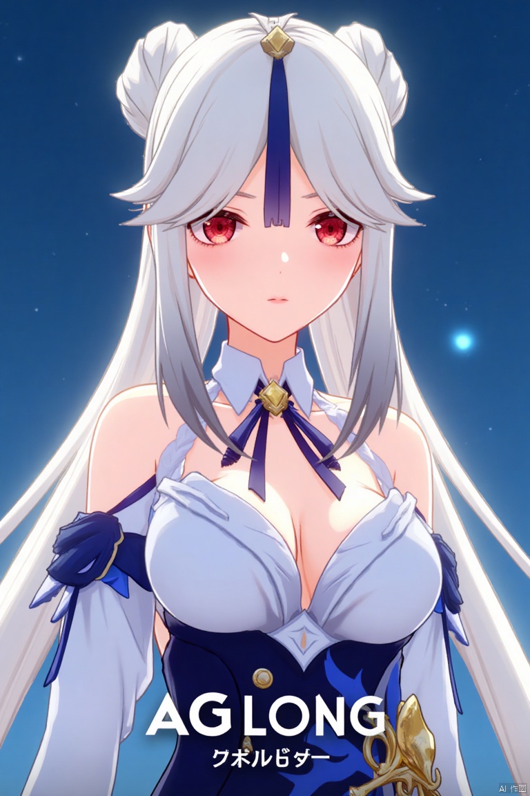 1girl, solo, long white hair, parted bangs, sidelocks, red eyes, hair stick with tassel hair ornament, wearing a white collared shirt with detached sleeves, bare shoulders, cleavage, shirt tucked into a high-waist blue skirt, large breasts, looking at viewer with parted lips, official alternate costume, upper body, simple blue background, cinematic lighting, dynamic composition, detailed background with poster theme, high contrast, sharp focus, dramatic atmosphere, three-dimensional text AGlong in the middle below, movie poster style, ningguang (genshin impact), ng.