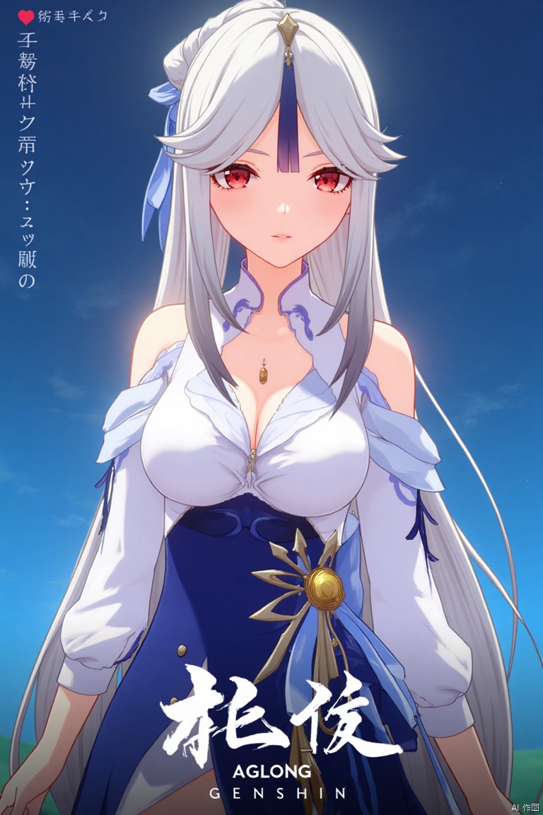 1girl, solo, long white hair, parted bangs, sidelocks, red eyes, hair stick with tassel hair ornament, wearing a white collared shirt with detached sleeves, bare shoulders, cleavage, shirt tucked into a high-waist blue skirt, large breasts, looking at viewer with parted lips, official alternate costume, upper body, simple blue background, cinematic lighting, dynamic composition, detailed background with poster theme, high contrast, sharp focus, dramatic atmosphere, three-dimensional text AGlong in the middle below, movie poster style, ningguang (genshin impact), ng.
