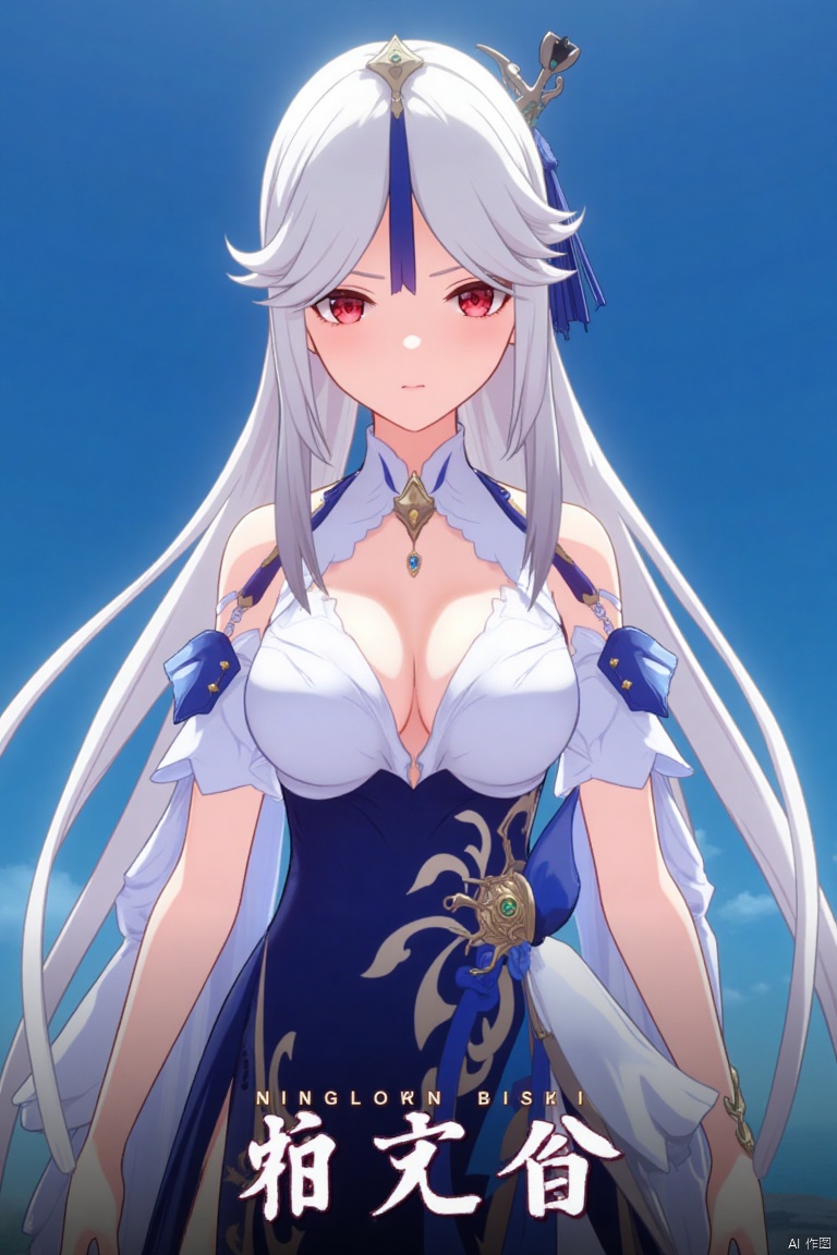 1girl, solo, long white hair, parted bangs, sidelocks, red eyes, hair stick with tassel hair ornament, wearing a white collared shirt with detached sleeves, bare shoulders, cleavage, shirt tucked into a high-waist blue skirt, large breasts, looking at viewer with parted lips, official alternate costume, upper body, simple blue background, cinematic lighting, dynamic composition, detailed background with poster theme, high contrast, sharp focus, dramatic atmosphere, three-dimensional text AGlong in the middle below, movie poster style, ningguang (genshin impact), ng.