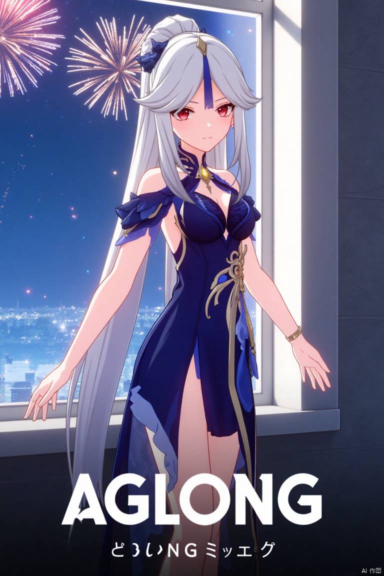 1girl, solo, long white hair, parted bangs, red eyes, hair ornament, wearing a blue dress with a side slit, very long hair, breasts, looking at viewer, official alternate costume, half body, standing by a window with fireworks in the background, cinematic lighting, dynamic composition, detailed background with poster theme, high contrast, sharp focus, dramatic atmosphere, three-dimensional text AGlong in the middle below, movie poster style, ningguang (genshin impact), ng.