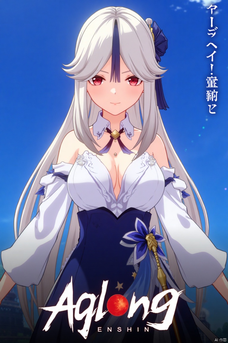 1girl, solo, long white hair, parted bangs, sidelocks, red eyes, hair stick with tassel hair ornament, wearing a white collared shirt with detached sleeves, bare shoulders, cleavage, shirt tucked into a high-waist blue skirt, large breasts, looking at viewer with parted lips, official alternate costume, upper body, simple blue background, cinematic lighting, dynamic composition, detailed background with poster theme, high contrast, sharp focus, dramatic atmosphere, three-dimensional text AGlong in the middle below, movie poster style, ningguang (genshin impact), ng.