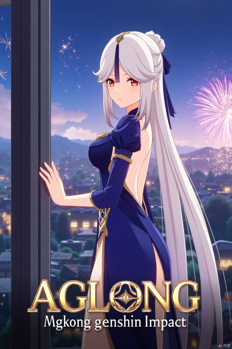 1girl, solo, long white hair, parted bangs, red eyes, hair ornament, wearing a blue dress with a side slit, very long hair, breasts, looking at viewer, official alternate costume, half body, standing by a window with fireworks in the background, cinematic lighting, dynamic composition, detailed background with poster theme, high contrast, sharp focus, dramatic atmosphere, three-dimensional text AGlong in the middle below, movie poster style, ningguang (genshin impact), ng.
