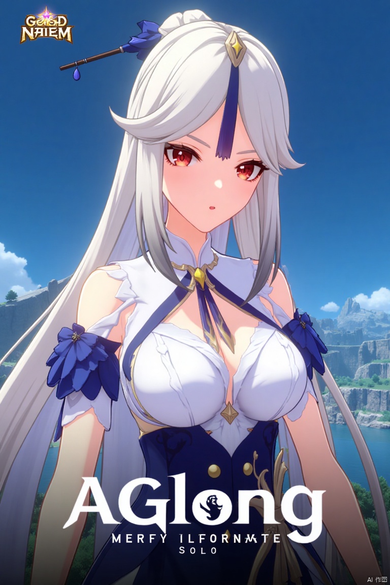 1girl, solo, long white hair, parted bangs, sidelocks, red eyes, hair stick with tassel hair ornament, wearing a white collared shirt with detached sleeves, bare shoulders, cleavage, shirt tucked into a high-waist blue skirt, large breasts, looking at viewer with parted lips, official alternate costume, upper body, simple blue background, cinematic lighting, dynamic composition, detailed background with poster theme, high contrast, sharp focus, dramatic atmosphere, three-dimensional text AGlong in the middle below, movie poster style, ningguang (genshin impact), ng.