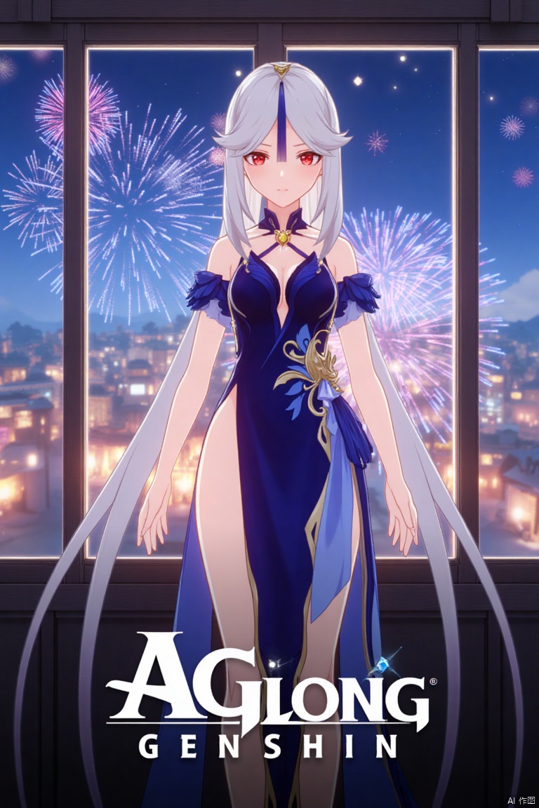 1girl, solo, long white hair, parted bangs, red eyes, hair ornament, wearing a blue dress with a side slit, very long hair, breasts, looking at viewer, official alternate costume, half body, standing by a window with fireworks in the background, cinematic lighting, dynamic composition, detailed background with poster theme, high contrast, sharp focus, dramatic atmosphere, three-dimensional text AGlong in the middle below, movie poster style, ningguang (genshin impact), ng.