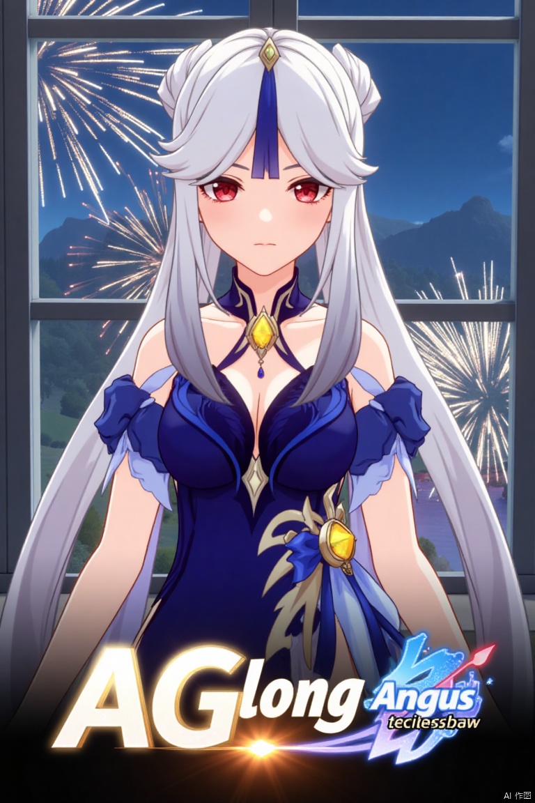1girl, solo, long hair, very long hair, white hair, bangs, parted bangs, hair ornament, red eyes, looking at viewer, half body, official alternate costume, blue dress, side slit, window, fireworks, ningguang (genshin impact), ng, movie poster, three-dimensional text AGlong in the middle below, cinematic lighting, dynamic composition, detailed background with poster theme, high contrast, sharp focus, dramatic atmosphere.