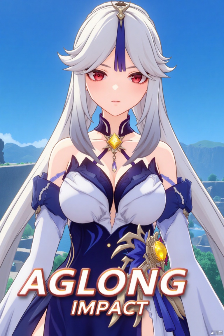 1girl, solo, long hair, very long hair, white hair, bangs, parted bangs, sidelocks, hair ornament, hair stick, tassel hair ornament, red eyes, looking at viewer, parted lips, bare shoulders, collared shirt, white shirt, long sleeves, detached sleeves, shirt tucked in, cleavage, large breasts, high-waist skirt, blue skirt, official alternate costume, ningguang (genshin impact), ng, upper body, simple background, blue background, tassel, movie poster, three-dimensional text AGlong in the middle below, cinematic lighting, dynamic composition, detailed background with poster theme, high contrast, sharp focus, dramatic atmosphere.