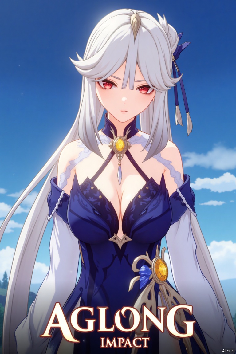 1girl, solo, long hair, very long hair, white hair, bangs, parted bangs, sidelocks, hair ornament, hair stick, tassel hair ornament, red eyes, looking at viewer, parted lips, bare shoulders, collared shirt, white shirt, long sleeves, detached sleeves, shirt tucked in, cleavage, large breasts, high-waist skirt, blue skirt, official alternate costume, ningguang (genshin impact), ng, upper body, simple background, blue background, tassel, movie poster, three-dimensional text AGlong in the middle below, cinematic lighting, dynamic composition, detailed background with poster theme, high contrast, sharp focus, dramatic atmosphere.