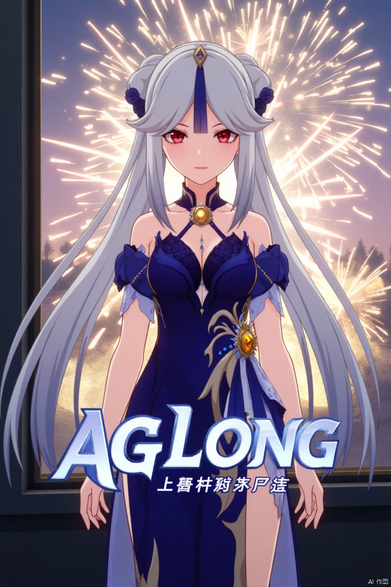 1girl, solo, long hair, very long hair, white hair, bangs, parted bangs, hair ornament, red eyes, looking at viewer, half body, official alternate costume, blue dress, side slit, window, fireworks, ningguang (genshin impact), ng, movie poster, three-dimensional text AGlong in the middle below, cinematic lighting, dynamic composition, detailed background with poster theme, high contrast, sharp focus, dramatic atmosphere.