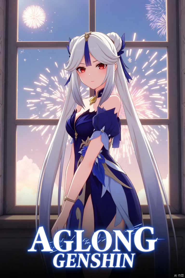 1girl, solo, long hair, very long hair, white hair, bangs, parted bangs, hair ornament, red eyes, looking at viewer, half body, official alternate costume, blue dress, side slit, window, fireworks, ningguang (genshin impact), ng, movie poster, three-dimensional text AGlong in the middle below, cinematic lighting, dynamic composition, detailed background with poster theme, high contrast, sharp focus, dramatic atmosphere.