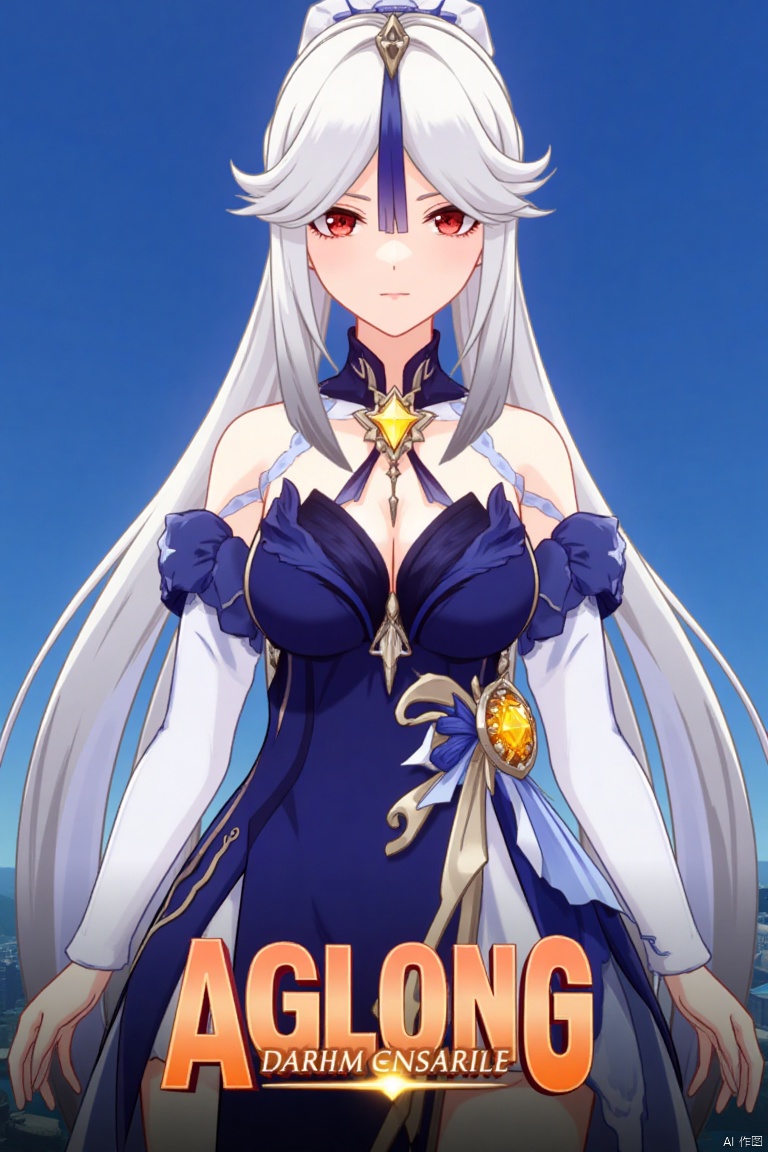 1girl, solo, long hair, very long hair, white hair, bangs, parted bangs, sidelocks, hair ornament, hair stick, tassel hair ornament, red eyes, looking at viewer, parted lips, bare shoulders, collared shirt, white shirt, long sleeves, detached sleeves, shirt tucked in, cleavage, large breasts, high-waist skirt, blue skirt, official alternate costume, ningguang (genshin impact), ng, upper body, simple background, blue background, tassel, movie poster, three-dimensional text AGlong in the middle below, cinematic lighting, dynamic composition, detailed background with poster theme, high contrast, sharp focus, dramatic atmosphere.