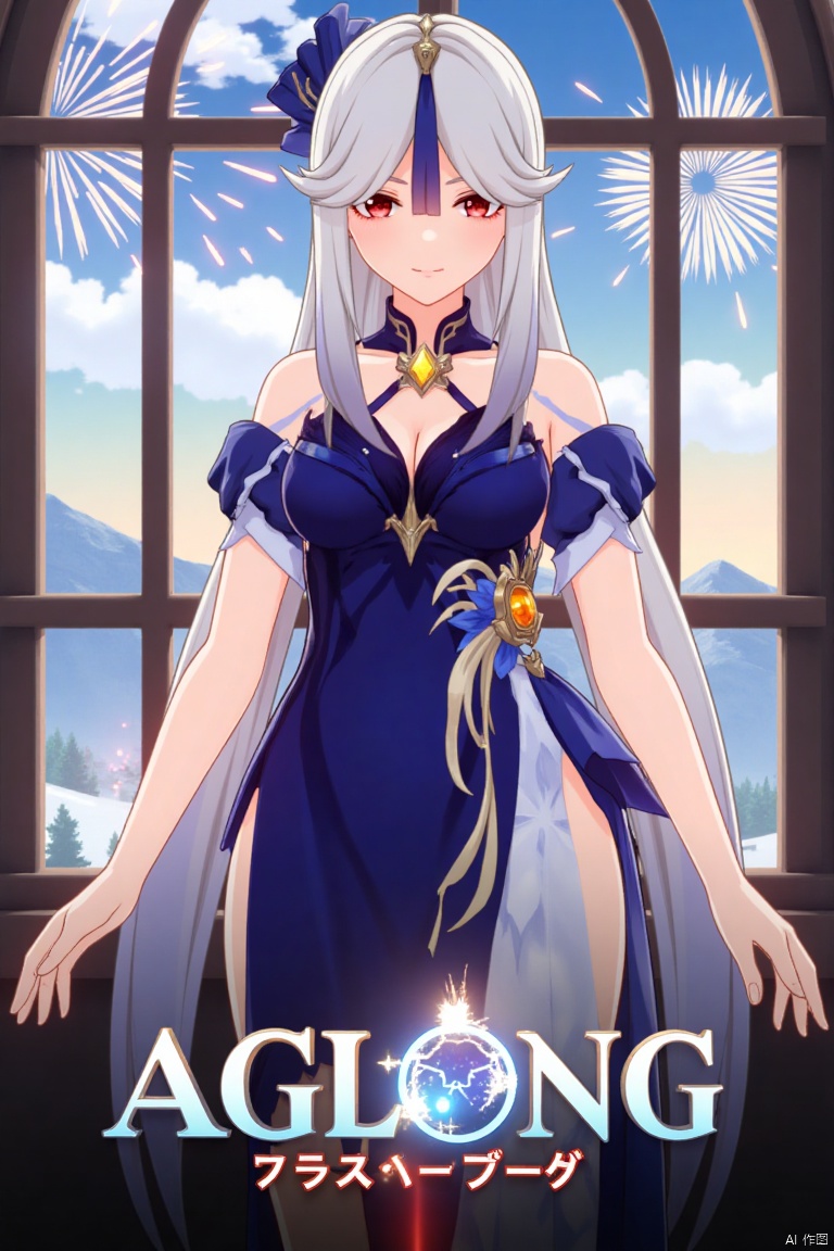 1girl, solo, long hair, very long hair, white hair, bangs, parted bangs, hair ornament, red eyes, looking at viewer, half body, official alternate costume, blue dress, side slit, window, fireworks, ningguang (genshin impact), ng, movie poster, three-dimensional text AGlong in the middle below, cinematic lighting, dynamic composition, detailed background with poster theme, high contrast, sharp focus, dramatic atmosphere.