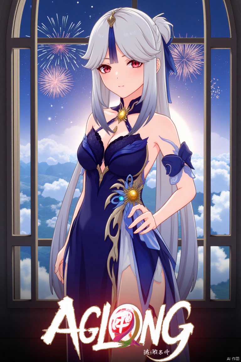 1girl, solo, long hair, very long hair, white hair, bangs, parted bangs, hair ornament, red eyes, looking at viewer, half body, official alternate costume, blue dress, side slit, window, fireworks, ningguang (genshin impact), ng, movie poster, three-dimensional text AGlong in the middle below, cinematic lighting, dynamic composition, detailed background with poster theme, high contrast, sharp focus, dramatic atmosphere.