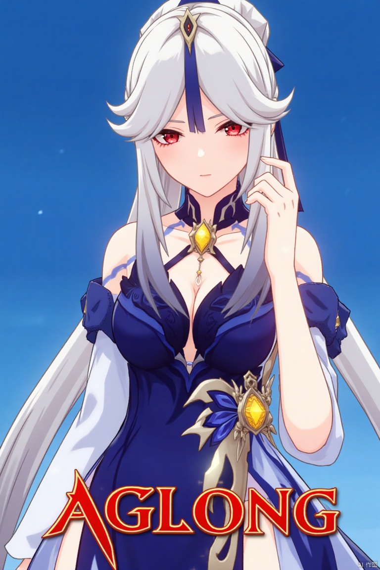 1girl, solo, long hair, very long hair, white hair, bangs, parted bangs, sidelocks, hair ornament, hair stick, tassel hair ornament, red eyes, looking at viewer, parted lips, bare shoulders, collared shirt, white shirt, long sleeves, detached sleeves, shirt tucked in, cleavage, large breasts, high-waist skirt, blue skirt, official alternate costume, ningguang (genshin impact), ng, upper body, simple background, blue background, tassel, movie poster, three-dimensional text AGlong in the middle below, cinematic lighting, dynamic composition, detailed background with poster theme, high contrast, sharp focus, dramatic atmosphere.